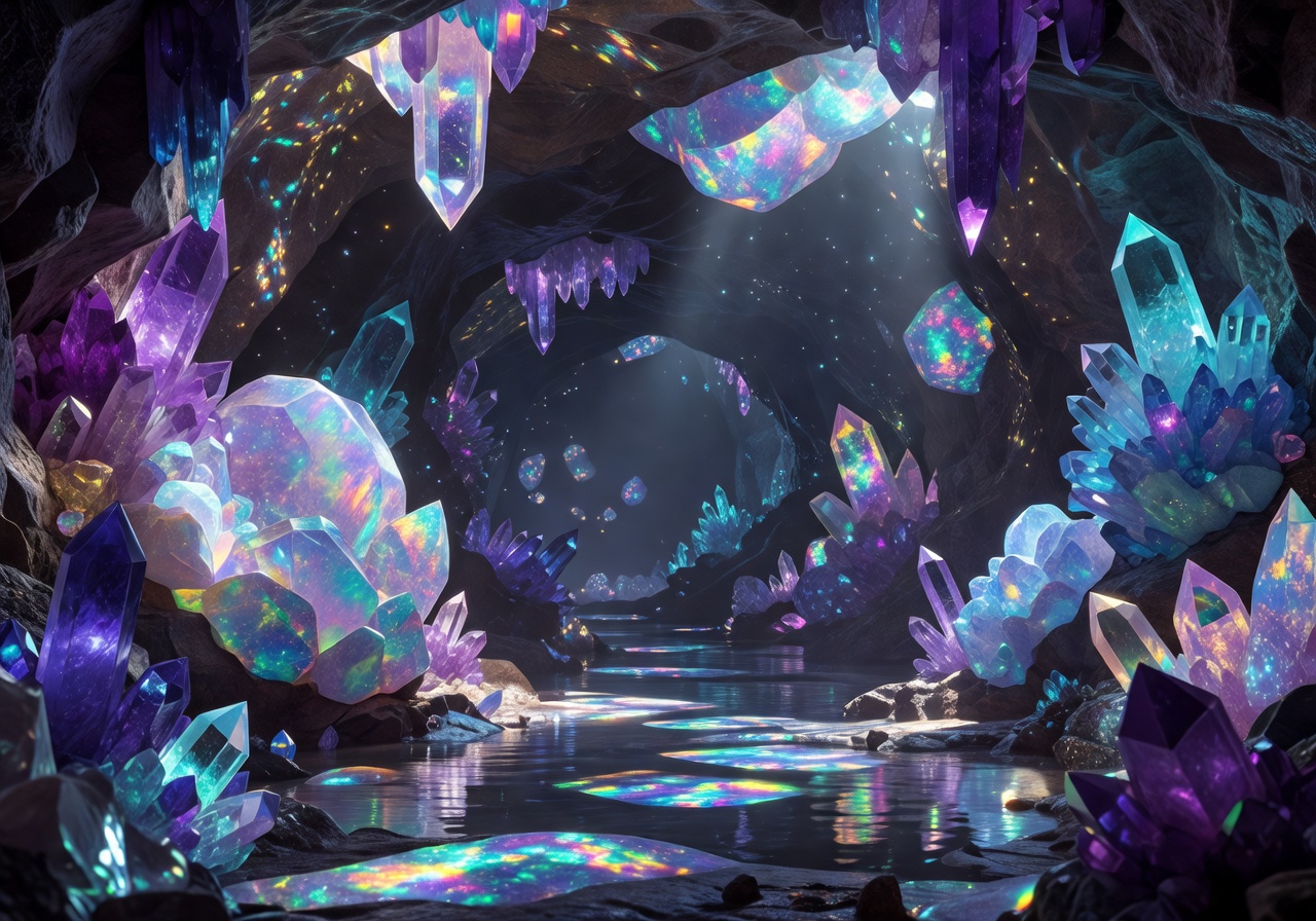 Magical crystal caves glowing in the dark