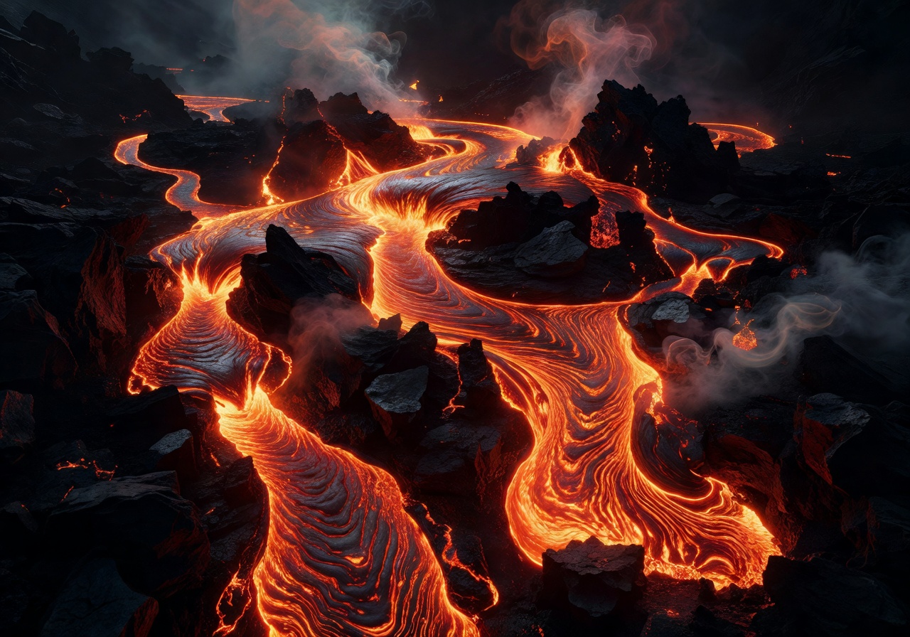 Mystical Lava Rivers flowing through dark rocks